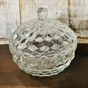 Vintage American Clear Glass Candy Dish Whitehall Pattern Cubist Bowl Jar w/ Lid